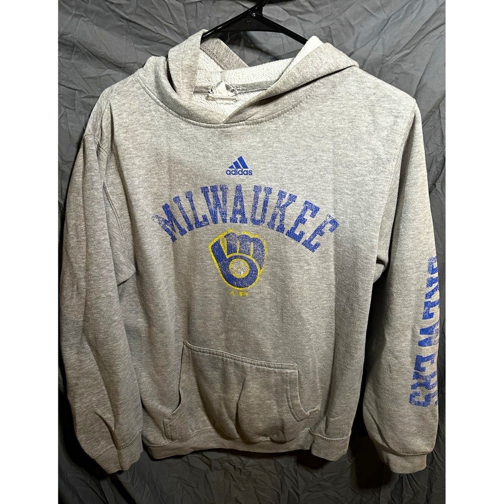 adidas Milwaukee Brewers MLB Baseball Gray Pullover Hoodie Sweatshirt size Small